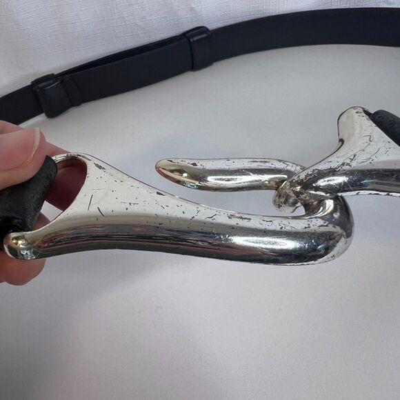 Chicos Statement Belt Silver Metal Hook Buckle Black Leather Adjustable MD** - Picture 3 of 9